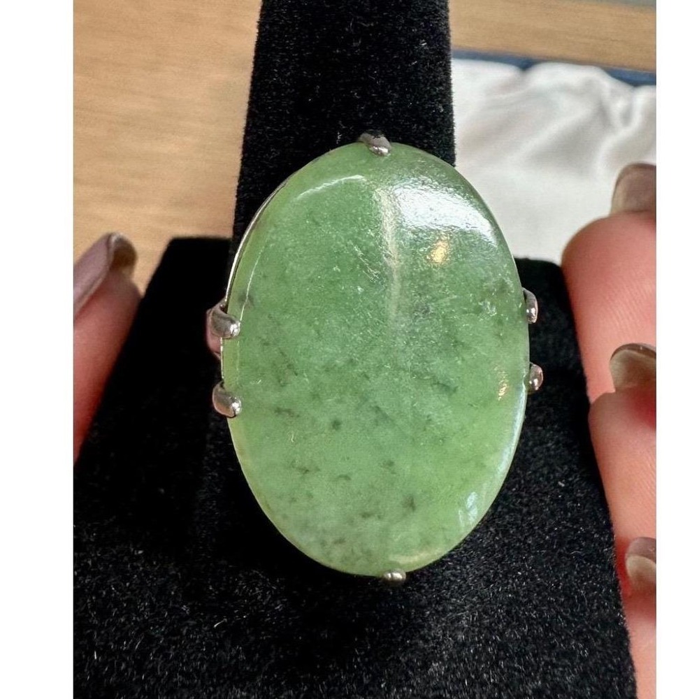 Vintage Samuel Platzer SP Co Jade Ring Sterling Silver Cabochon Size 6.75